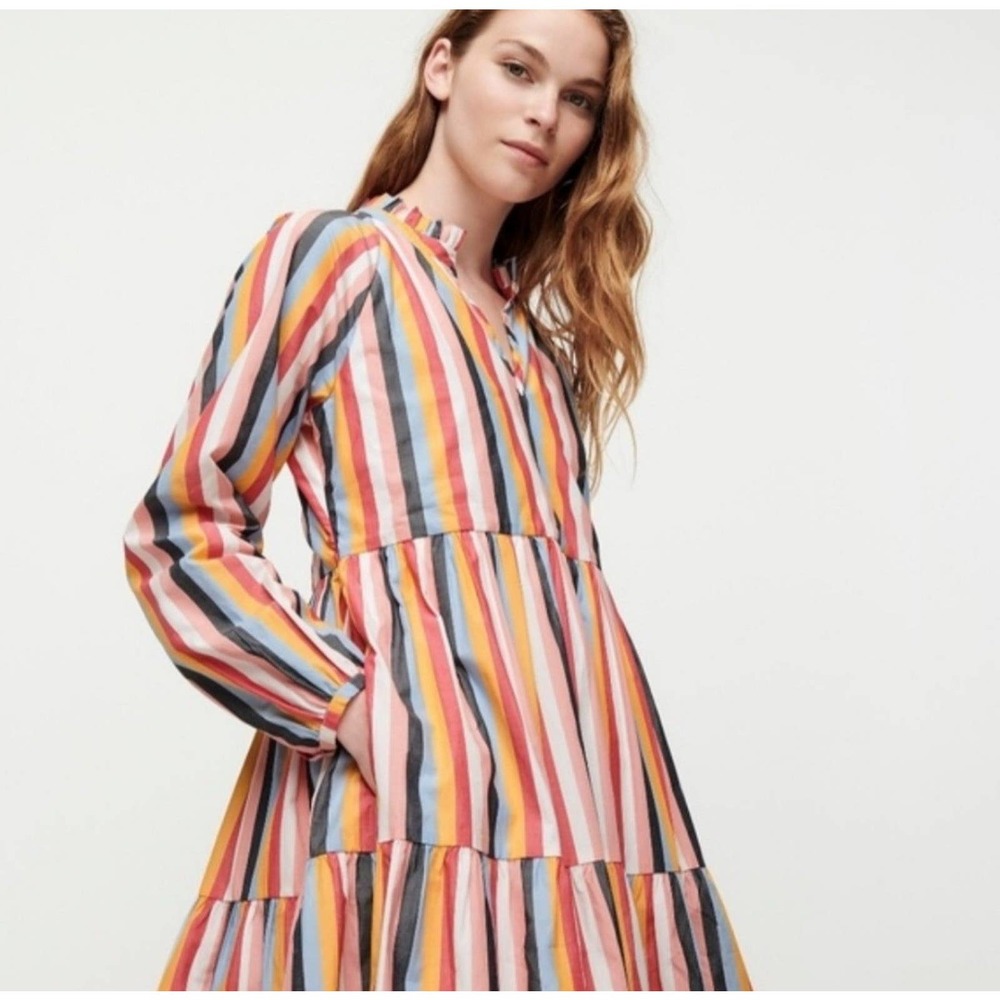 J. Crew Factory Multicolor Striped Tiered Long-Sleeve Dress